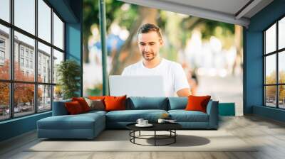 Happy freelancer man communicating with his partners using laptop computer. Bearded man in jeans shirt working in the part. Wall mural